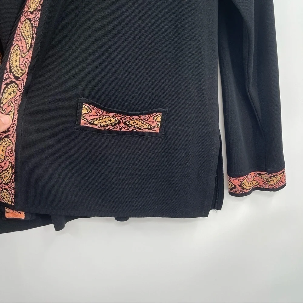 Exclusively Misook M Black Acrylic Knit Cardigan Sweater Pink Trim Pockets